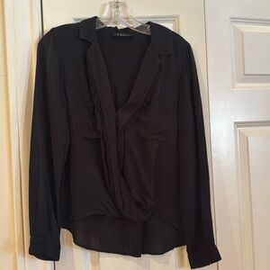 Maven west black long sleeve blouse with V neck, fringe, 100% Culpo.